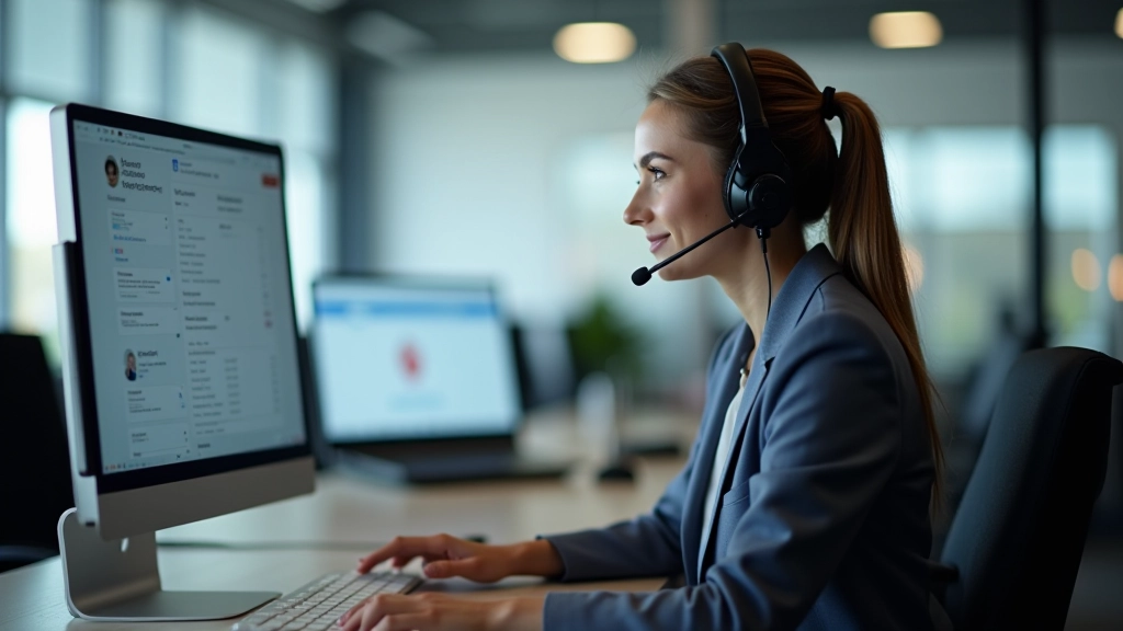 Customer service representative at desk with chatbot interface and delivery tracking