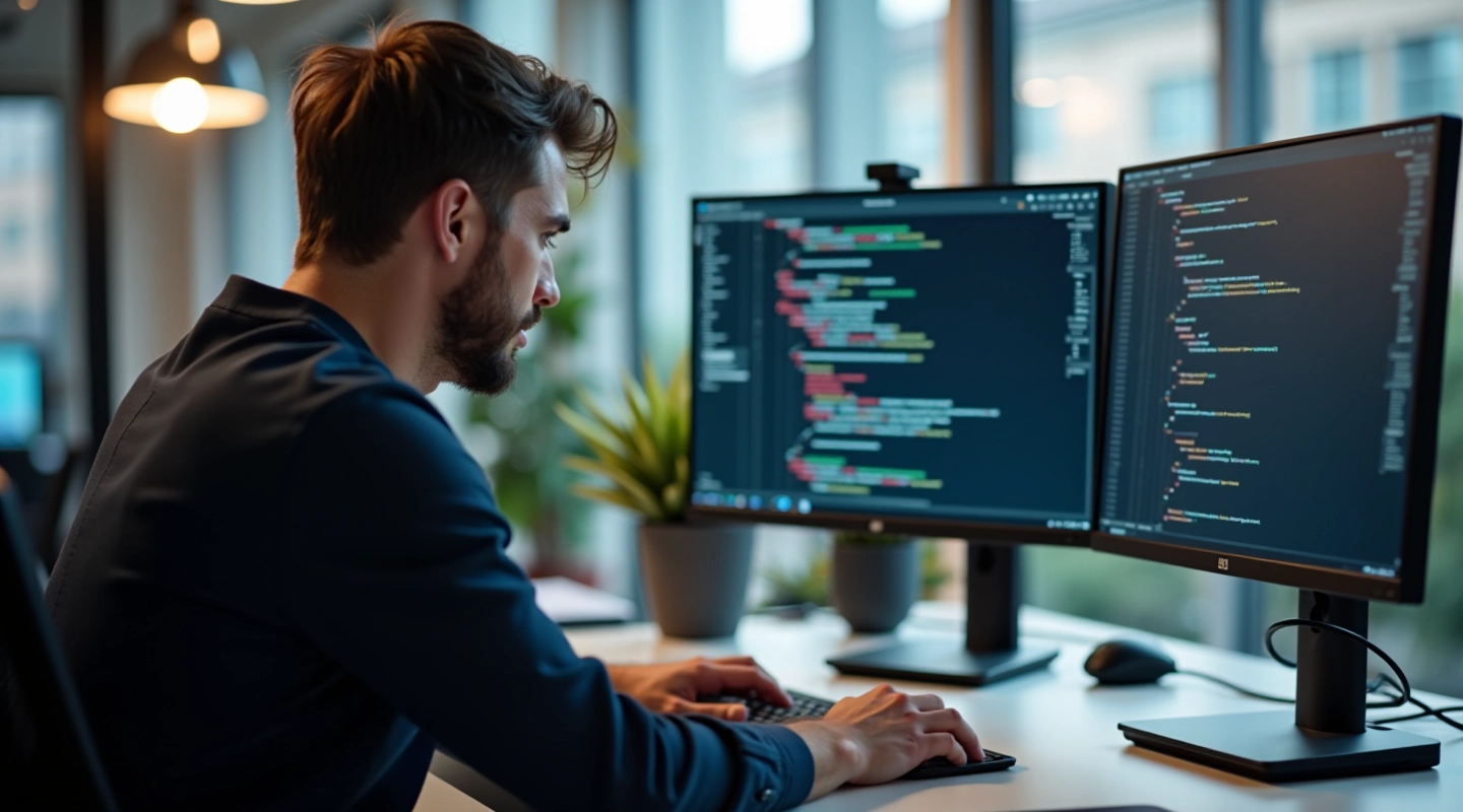 Developer at desk working on API design and integration systems